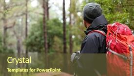  Presentation with backpack - PPT theme featuring using hiking sticks poles outdoor background and a tawny brown colored foreground