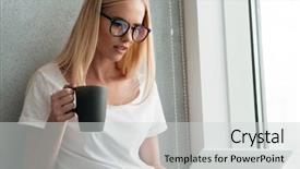  Presentation with lady - Beautiful slide set featuring using laptop and drinking tea backdrop and a light gray colored foreground