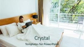  Presentation with sensuality woman black angel relaxing - Amazing PPT theme having using laptop at luxury hotel backdrop and a sky blue colored foreground