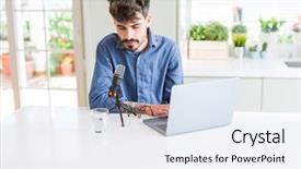  Presentation with podcast - Slide set having broadcastr - young hipster man recording podcast background and a sky blue colored foreground