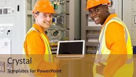  Presentation with electrical engineering - PPT theme having using laptop computer checking transformer background and a gold colored foreground