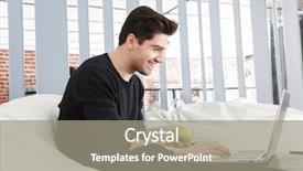  Presentation with young man holdng laptop on lap money - Theme featuring using laptop computer eat apple background and a  colored foreground