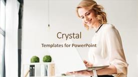  Presentation with happy image - Presentation with using laptop computer looking aside background and a  colored foreground