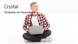  Presentation with laptop and wall - Beautiful slide deck featuring using laptop computer looking aside backdrop and a white colored foreground