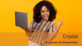  Presentation with happy image - Colorful presentation enhanced with using laptop computer make winner backdrop and a gold colored foreground