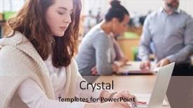  Presentation with cheerful stylish city girl using - Cool new PPT layouts with using laptop in an auditorium backdrop and a coral colored foreground