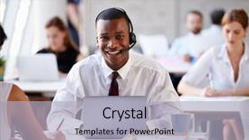  Presentation with customer service - Slide deck enhanced with using laptop in customer service background and a light blue colored foreground