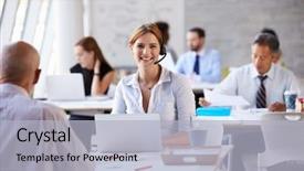  Presentation with customer service - Colorful slide set enhanced with using laptop in customer service backdrop and a light blue colored foreground