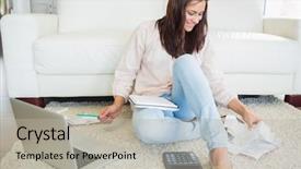  Presentation with social isolation - Presentation design featuring using laptop to calculate bills background and a light gray colored foreground