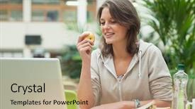  Presentation with cafeteria benefit - Slide set consisting of using laptop while eating apple background and a coral colored foreground
