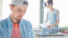  Presentation with worried young female college student - PPT layouts having using laptop while examining data background and a light blue colored foreground