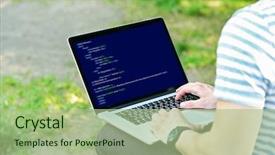  Presentation with programming - Slides enhanced with using laptop writing programming code background and a mint green colored foreground