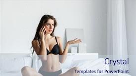  Presentation with young woman wearing boxer gloves - Theme having using mobile phone in bed background and a  colored foreground