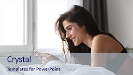  Presentation with black woman - Beautiful PPT theme featuring using mobile phone in bed backdrop and a  colored foreground