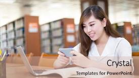  Presentation with asian - Amazing slide set having using mobile phone in library backdrop and a  colored foreground