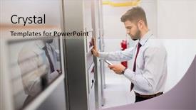  Presentation with server room - Beautiful PPT theme featuring using mobile phone in server backdrop and a  colored foreground