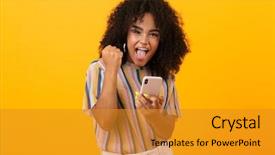  Presentation with happy image - Beautiful presentation theme featuring using mobile phone make winner backdrop and a gold colored foreground