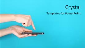  Presentation with mobile phone in woman hand - Theme having using mobile phone on blue background and a cyan colored foreground