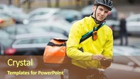  Presentation with courier delivery - Presentation featuring using mobile phone on street background and a tawny brown colored foreground