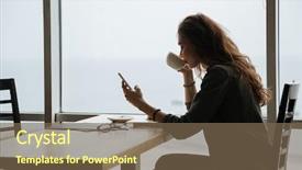  Presentation with mobile phone in woman hand - Amazing slide set having using phone and drinking cofee backdrop and a  colored foreground