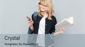  Presentation with female college student uti - Slide set having using phone and holding book background and a light gray colored foreground