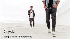  Presentation with photo of armed men - Slide set having using phone and listening music background and a light gray colored foreground