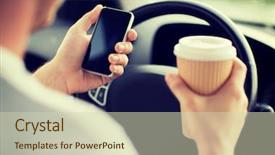  Presentation with distracted driving - Amazing PPT theme having using phone while driving backdrop and a soft green colored foreground