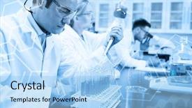  Presentation with pipette - Slide deck with science graphic against science student using pipette in the lab to fill test tubes background and a light blue colored foreground