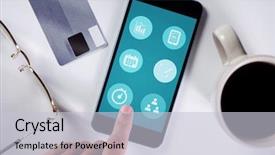  Presentation with smartphone app - Colorful presentation design enhanced with using smartphone against fitness app backdrop and a light gray colored foreground