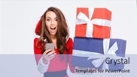  Presentation with sexy santa woman red - Presentation consisting of using smartphone isolated over white background and a light blue colored foreground