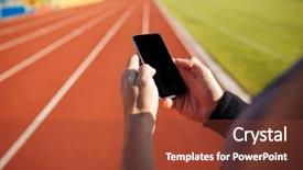  Presentation with microwave imaging image of modern - Theme featuring using smartphone on outdoor stadium background and a  colored foreground