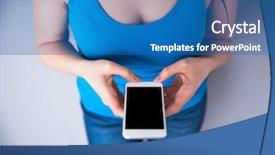  Presentation with female - Cool new PPT theme with using smartphone over gray backgorund backdrop and a  colored foreground
