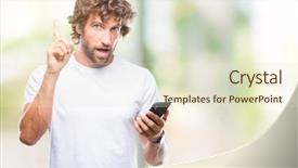  Presentation with happy sad face man - Slides featuring using smartphone over isolated background background and a  colored foreground