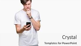  Presentation with smartphone - PPT layouts having using smartphone over isolated background background and a  colored foreground