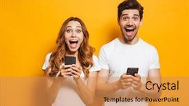  Presentation with photo - Beautiful presentation theme featuring using smartphones isolated over yellow backdrop and a gold colored foreground