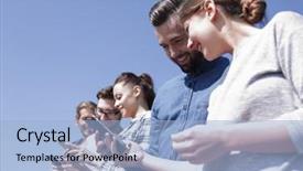  Presentation with search button searching information online - Colorful slide set enhanced with using smartphones to search network backdrop and a light blue colored foreground