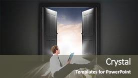  Presentation with tablet - Slide deck with using tablet against open door background and a dark gray colored foreground