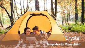  Presentation with tent - Slide deck enhanced with using tablet computer in forest background and a coral colored foreground