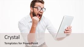  Presentation with happy image - PPT layouts enhanced with using tablet computer make winner background and a lemonade colored foreground