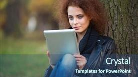  Presentation with curly hair - PPT layouts having using tablet computer under tree background and a  colored foreground