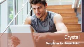  Presentation with athlete - Audience pleasing PPT layouts consisting of using tablet in fitness club backdrop and a  colored foreground