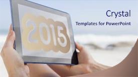  Presentation with golden woman - Slide deck having using tablet pc against gold background and a sky blue colored foreground