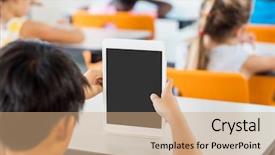  Presentation with elementary school - PPT layouts with using tablet pc in classroom background and a  colored foreground