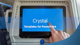  Presentation with movies - Presentation theme enhanced with using the seatback screen on a plane trip watching movies displaying flight data finger on blank touchscreen background and a teal colored foreground