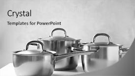  Presentation with concept - PPT theme enhanced with utensils - kitchenware concept stainless saucepans background and a light gray colored foreground