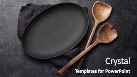  Presentation with cooking utensils - Amazing slide deck having utensils and empty plate food backdrop and a dark gray colored foreground