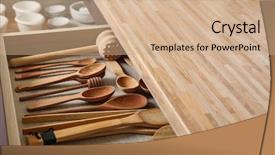  Presentation with cooking equipment kitchen utensils - Presentation design consisting of utensils in drawer on kitchen background and a  colored foreground