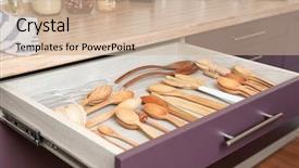  Presentation with cooking equipment kitchen utensils - PPT layouts consisting of utensils in drawer on kitchen background and a  colored foreground
