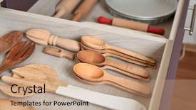  Presentation with cooking equipment kitchen utensils - PPT layouts with utensils in drawer on kitchen background and a  colored foreground