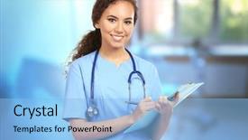  Presentation with gynecology - Amazing PPT theme having uterus - professional female doctor with clipboard backdrop and a light blue colored foreground